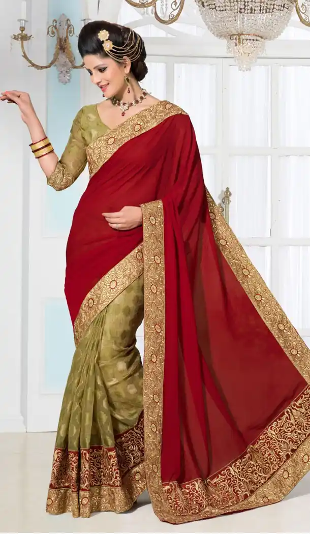 Plain Pallu Georgette Sari in Mehendi Green and Red with Readymade Blouse | FH385863344