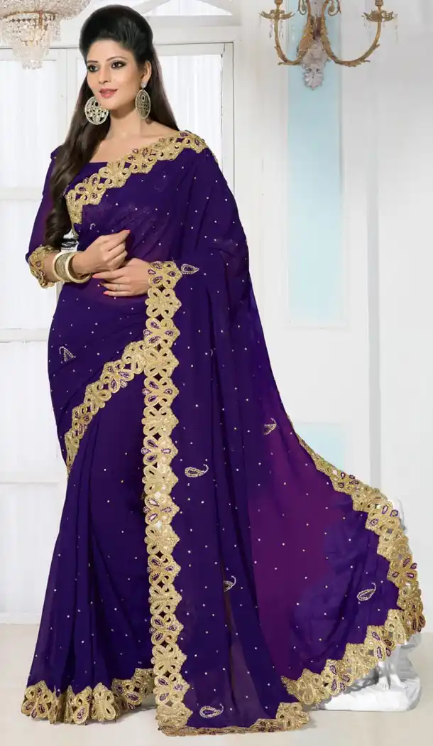Plain Pallu Georgette Sari in Pretty Purple with Readymade Blouse | FH385863345