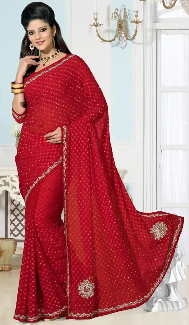 Georgette Sari in Red with Readymade Blouse | FH385863346