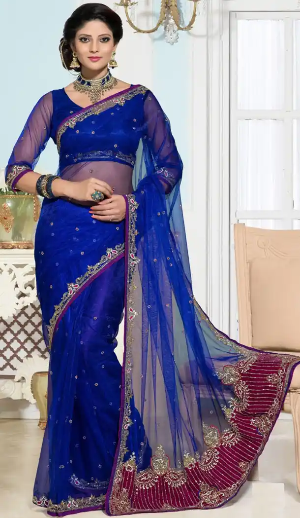 Net Sari in Royal Blue with Readymade Blouse | FH385863347