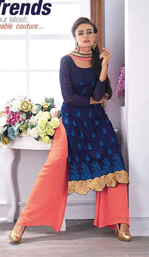 Blue with Net Straight Cut Style Plazo Salwar Kameez | FH386563394