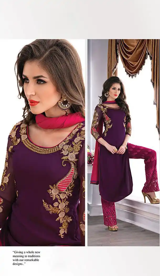 Purple with Chiffon Straight Cut Pant Salwar Kameez | FH386563395