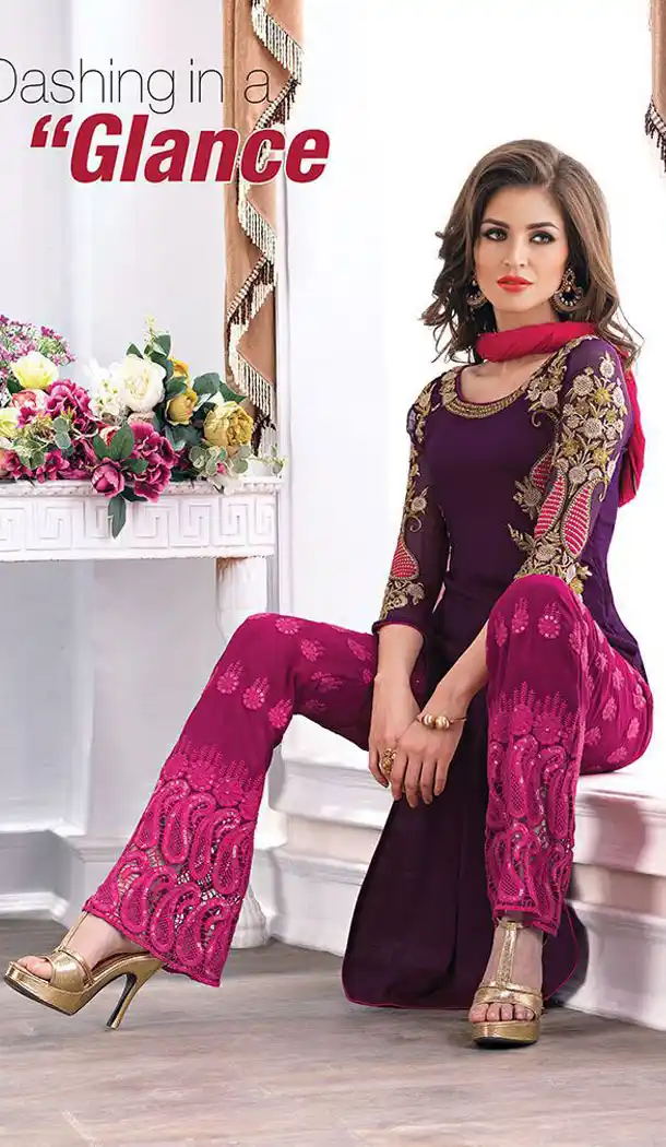 Purple with Chiffon Straight Cut Pant Salwar Kameez | FH386563395