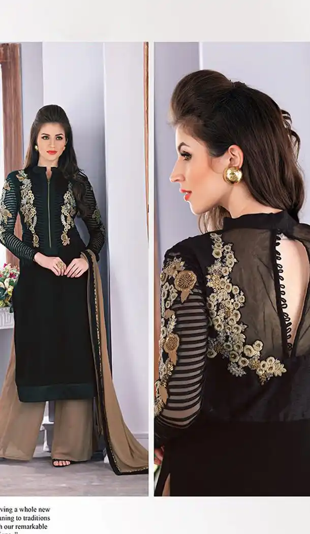 Black with Georgette Straight Cut Plazo Pant Salwar Kameez | FH386563398