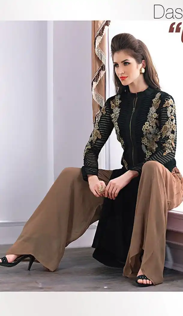 Black with Georgette Straight Cut Plazo Pant Salwar Kameez | FH386563398