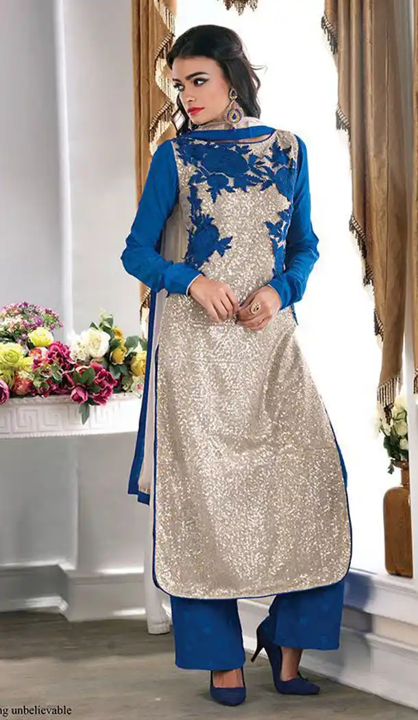 White and Blue with Net Straight Cut Plazo Pant Salwar Kameez | FH386563399