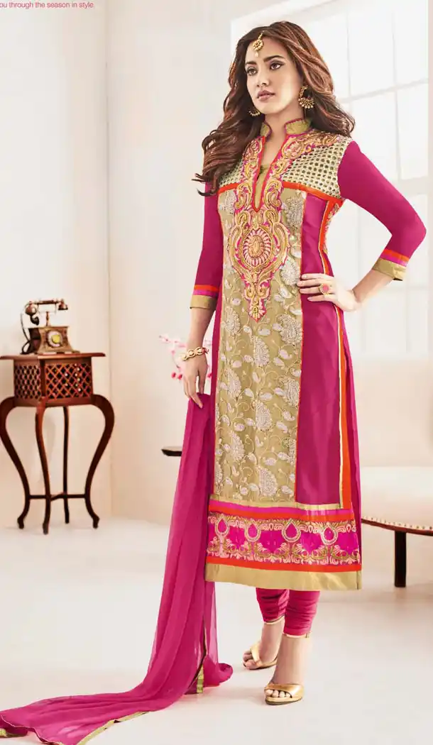Neha Sharma ! Churidar Style Salwar Kameez in Violet and Brown Color | FH386863430