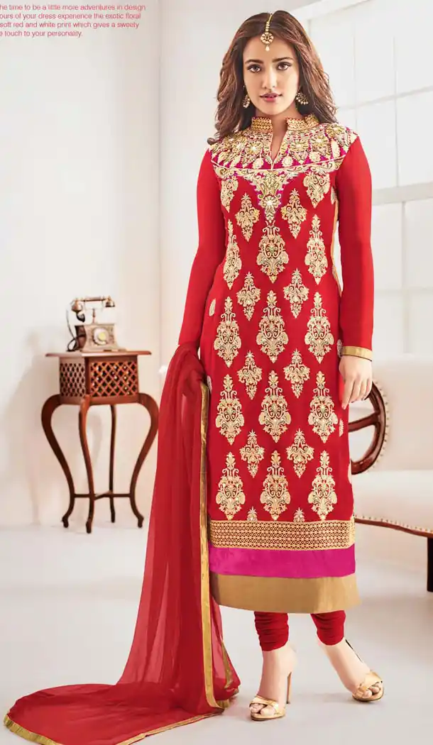Neha Sharma ! Churidar Style Salwar Kameez in Deep Scarlet | FH386863433