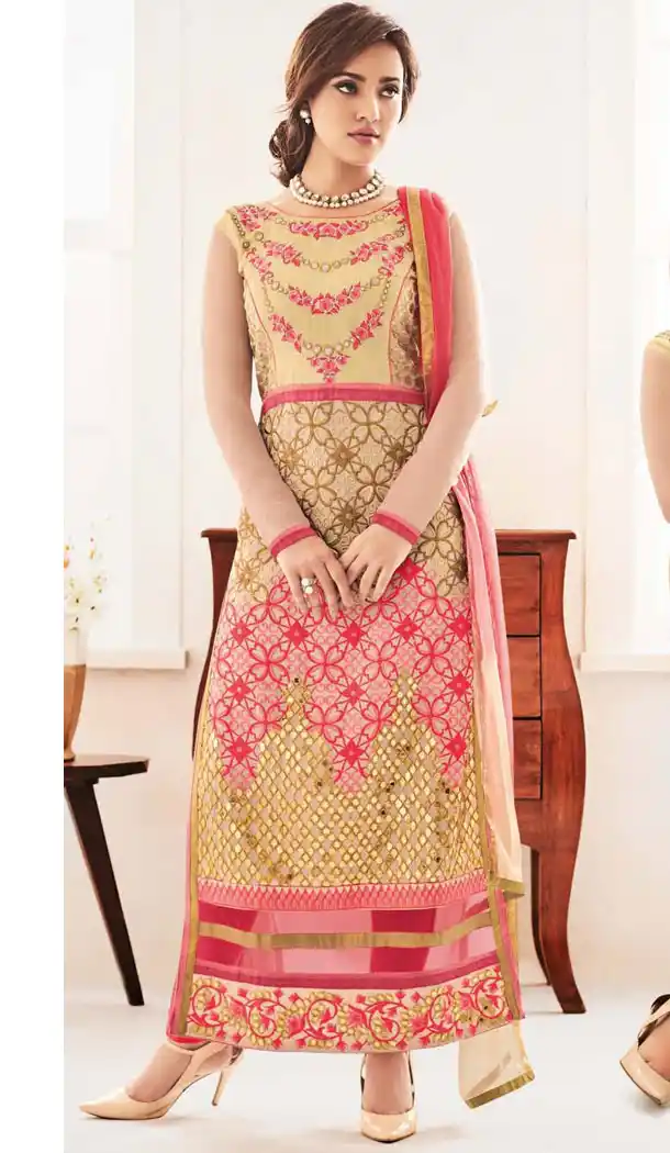 French Beige with georgette Straight Cut Salwar Kameez | FH386863434