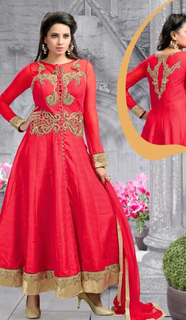 Achkan Style Deep Scarlet Readymade Churidar Kameez | FH387363455