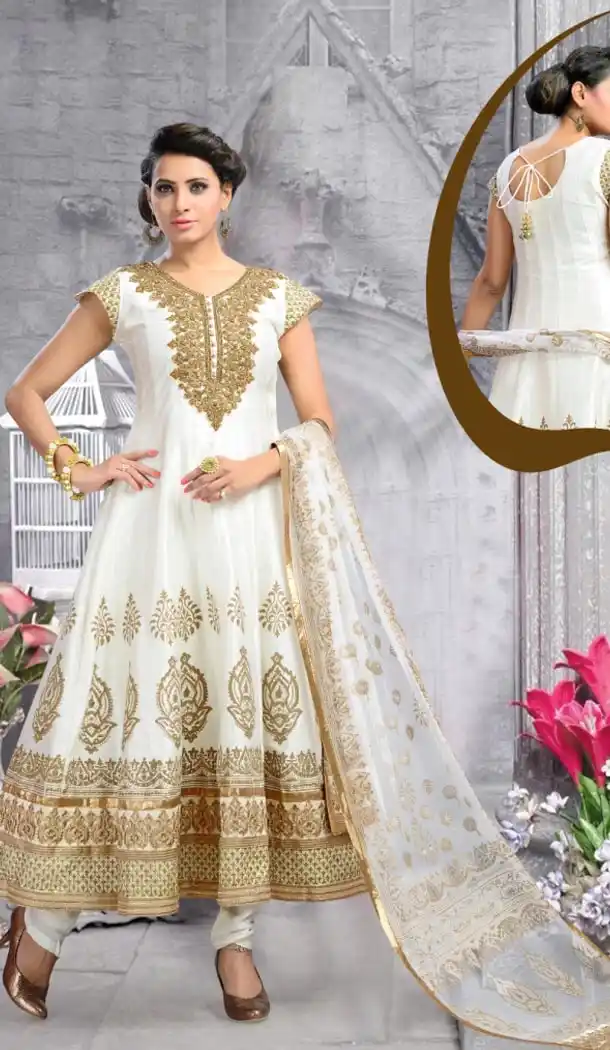 Anarkali Style Off White Readymade Churidar Kameez | FH387363457