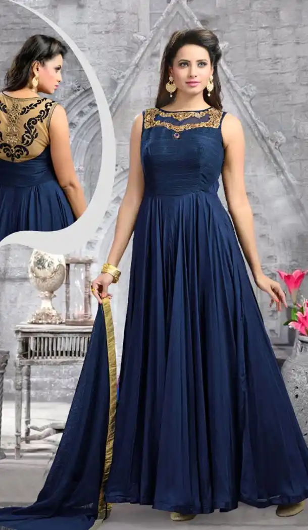 Long Anarkali Style Navy Blue Readymade Churidar Kameez | FH387363459