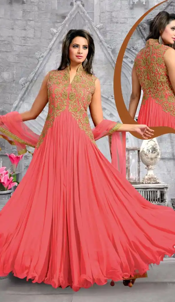 Long Anarkali Style Salmon Readymade Churidar Kameez | FH387363460