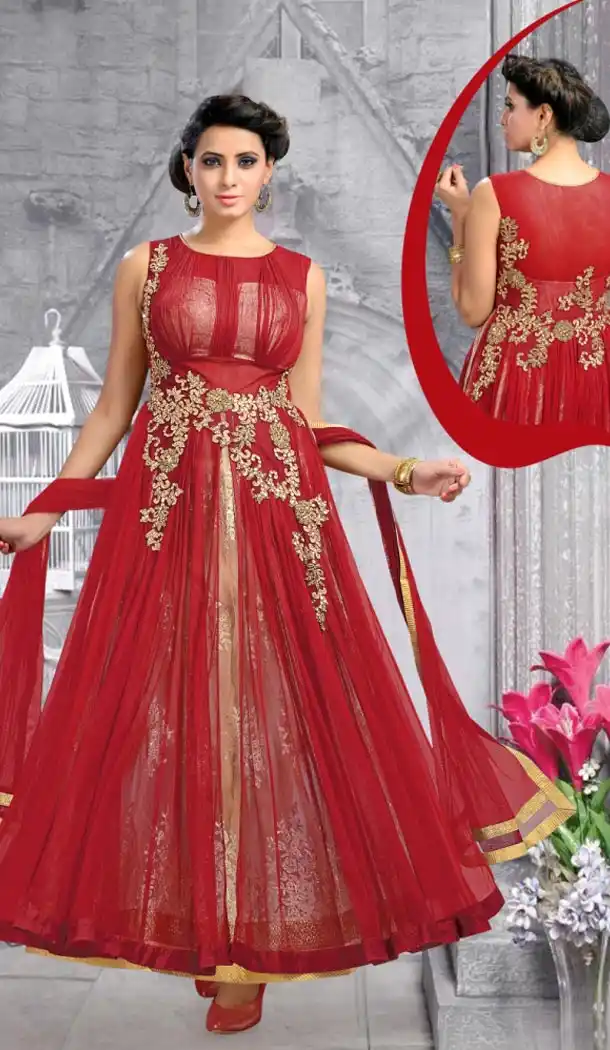 Anarkali Style Brick Red Readymade Churidar Kameez | FH387363462