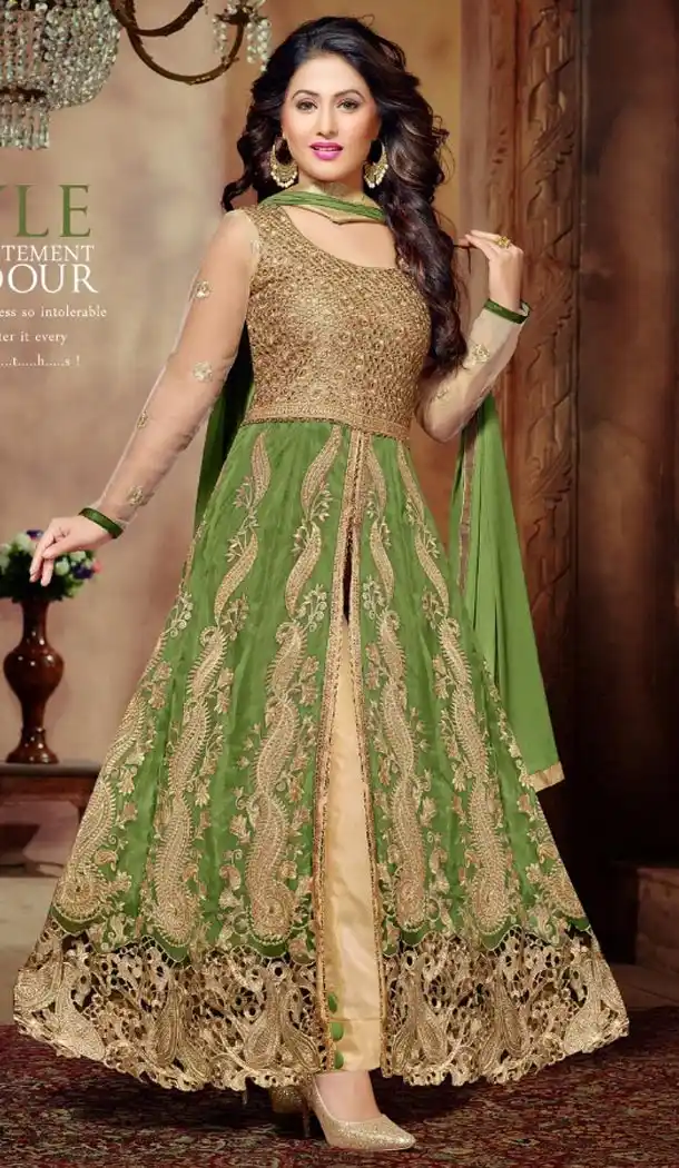 Akshara ! Narrow Pants Style Silk Salwar Kameez in Mehndi Green Color | FH387763479