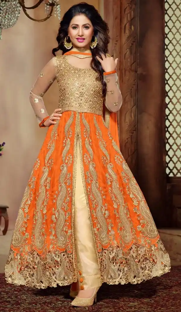 Akshara ! Narrow Pants Style Silk Salwar Kameez in Orange Color | FH387763480