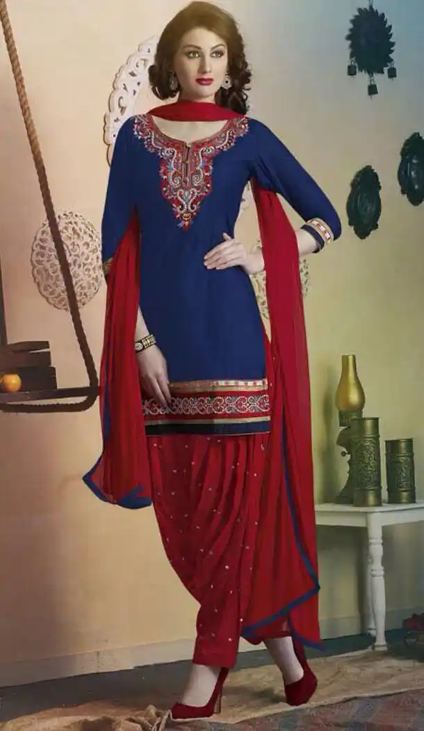Punjabi Style Stitched Kameez with Cotton Navy Blue Color | FH388363560