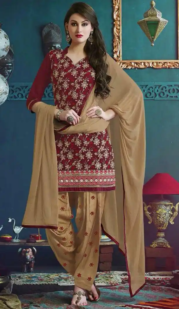 Punjabi Style Stitched Kameez with Cotton Brick Red Color | FH388363561