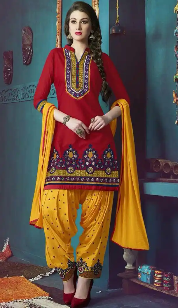 Punjabi Style Stitched Kameez with Cotton Deep Scarlet Color | FH388363563