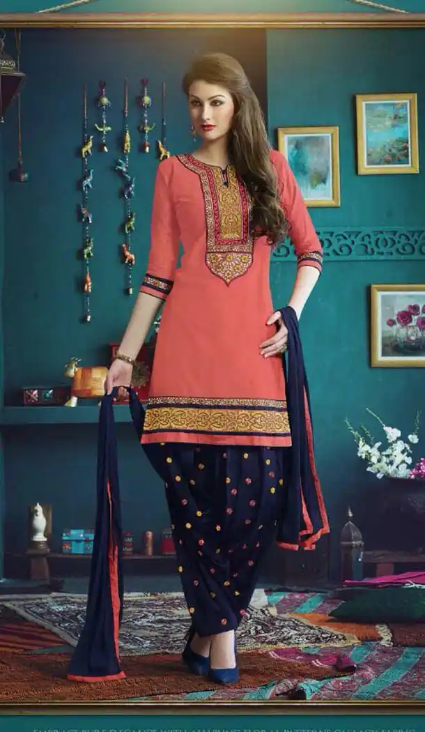 Punjabi Style Stitched Kameez with Cotton Salmon Color | FH388363564
