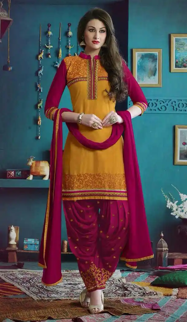 Punjabi Style Stitched Kameez with Cotton Magenta and Butter Scotch Color | FH388363566