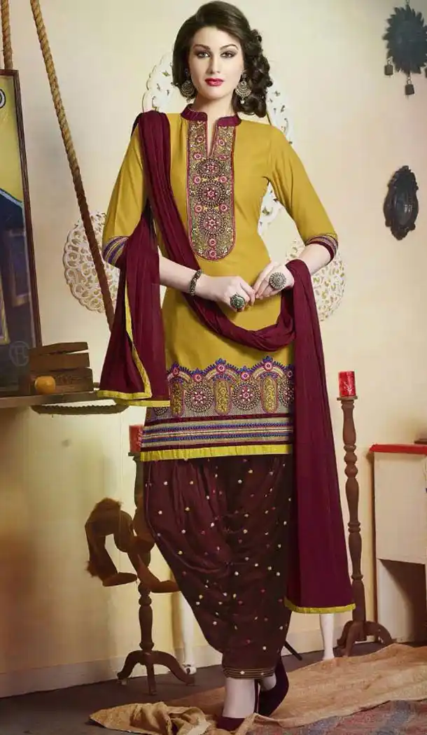 Punjabi Style Stitched Kameez with Cotton Yellow Color | FH388363567