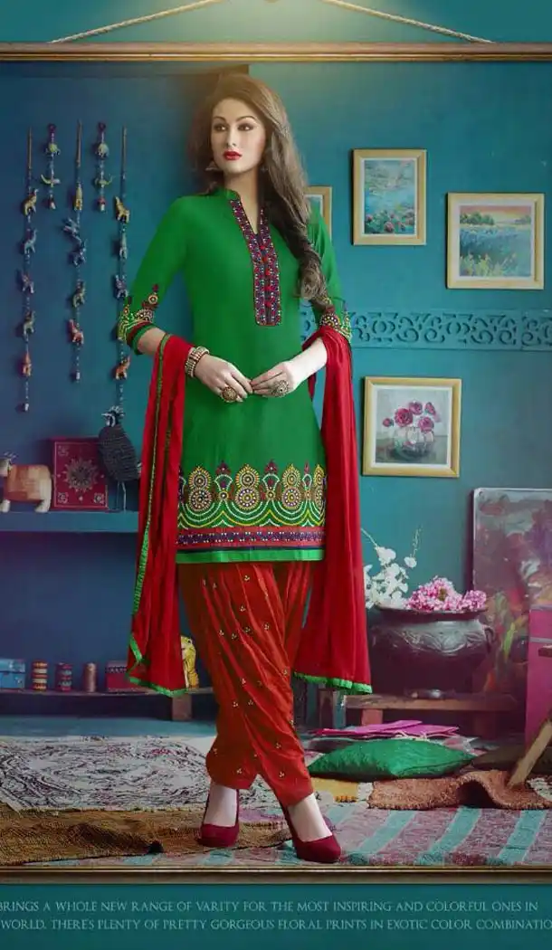Punjabi Style Stitched Kameez with Cotton Bottle Green Color | FH388363570