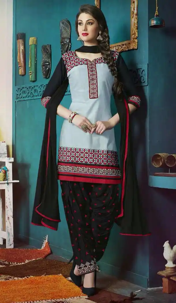 Punjabi Style Stitched Kameez with Cotton Dove and Black Color | FH388363571