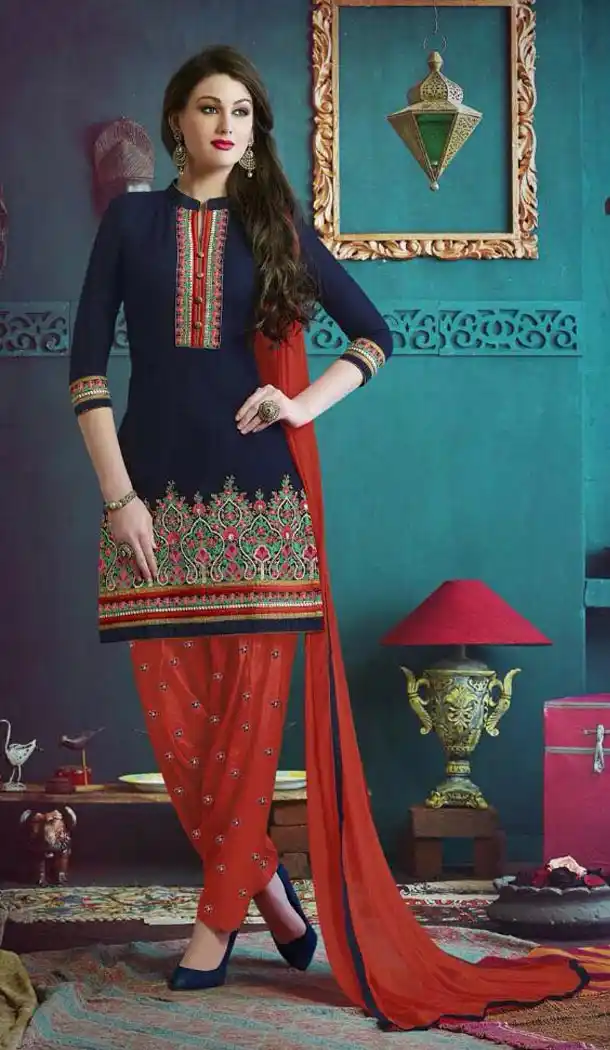 Punjabi Style Stitched Kameez with Cotton Navy Blue Color | FH388363572