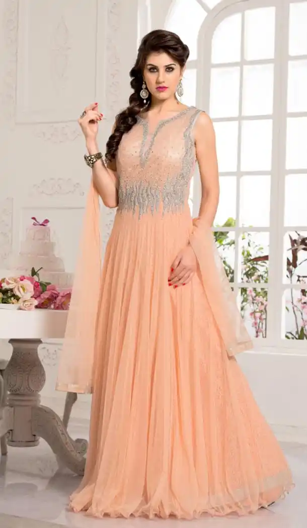 Women Party Wear Readymade Gown Brocade,Net and Peach Puff Color | FH388663603