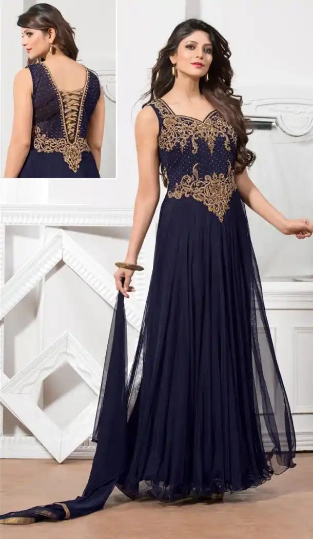 Party Wear Readymade Gown Net and Navy Blue Color | FH388663608