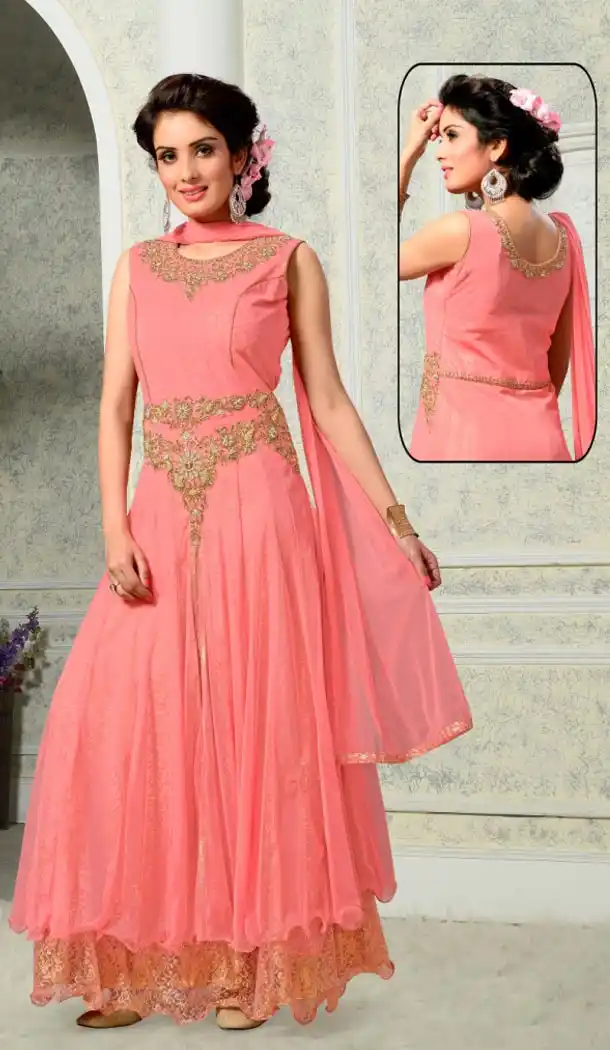 Party Wear Readymade Gown Brocade,Net and Salmon Color | FH388663610