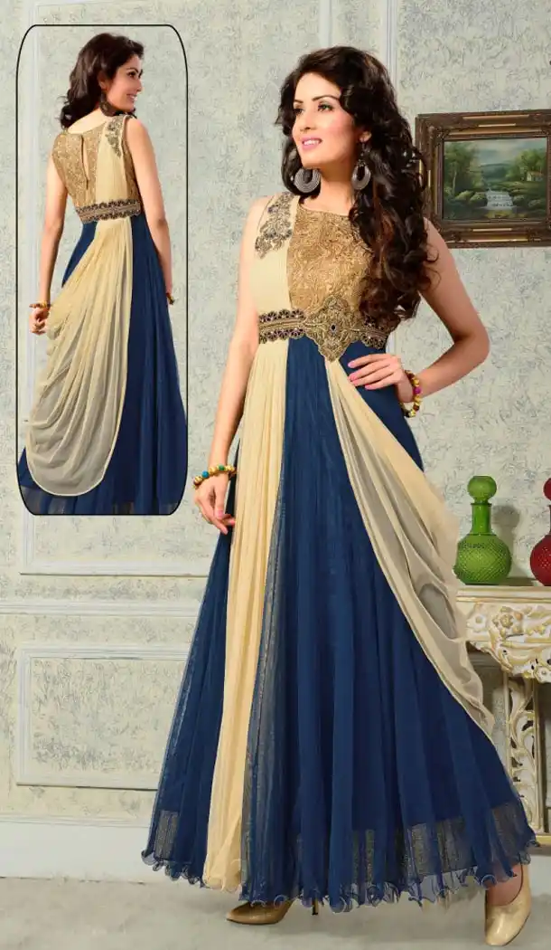 Party Wear Readymade Gown Net and Navy Blue,Cream Color | FH388663611