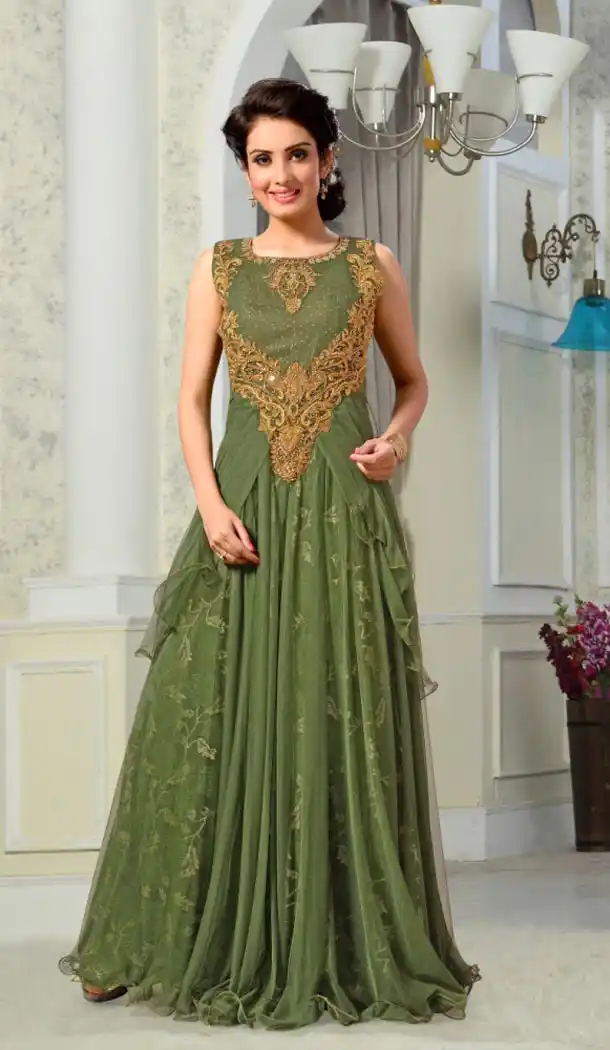 Party Wear Readymade Gown Net and Mehendi Green Color | FH388663613