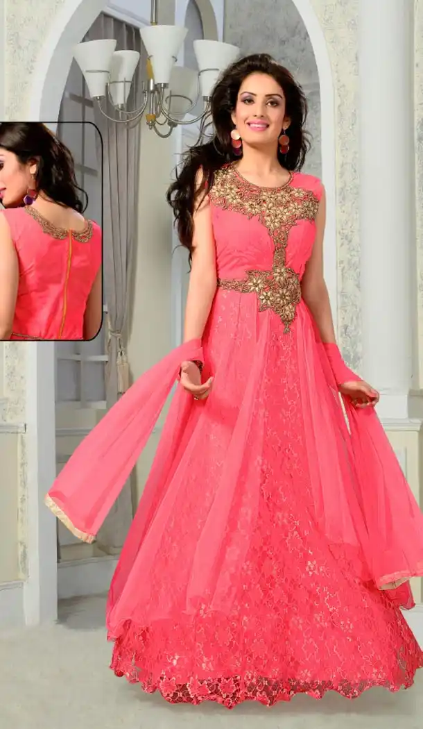 Party Wear Readymade Gown Net and Mehendi Pink Color | FH388663614