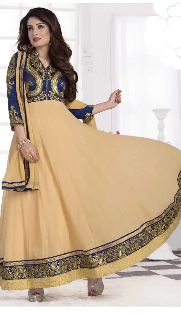 Abaya Style Knee Length Churidar Kameez with Georgette and Navy Blue,Tan Brown | FH389863822
