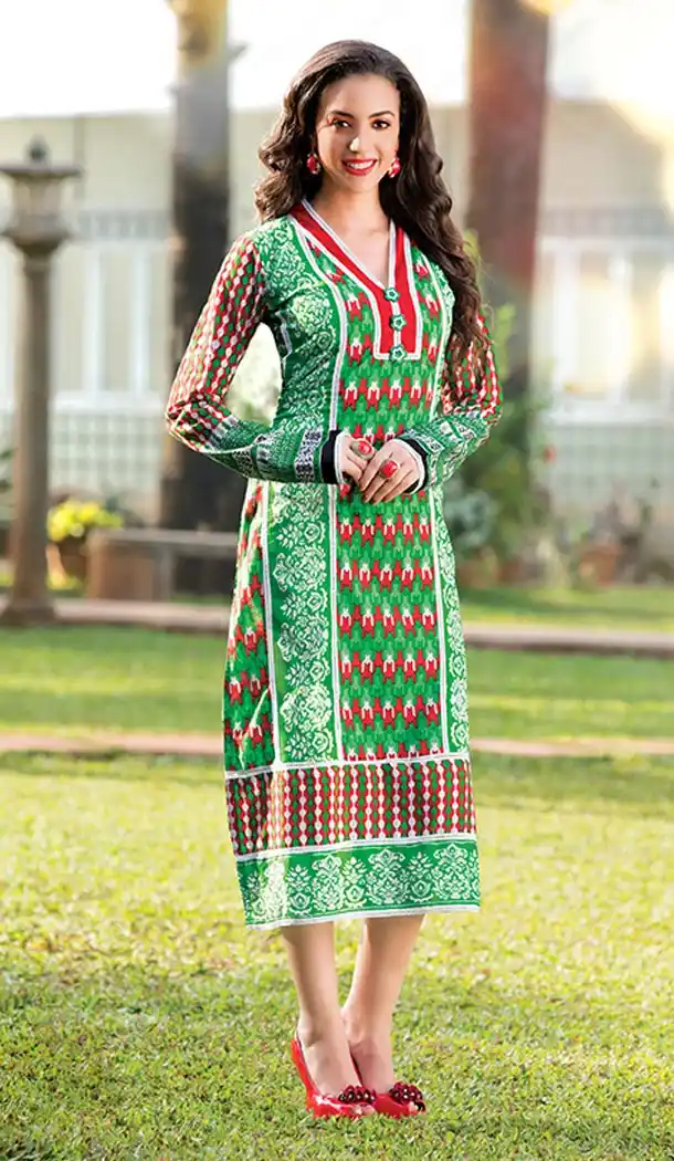 Ladies Formal Kurtis in Chrome Green,Red Color and Cotton Straight Cut Style | FH390063788