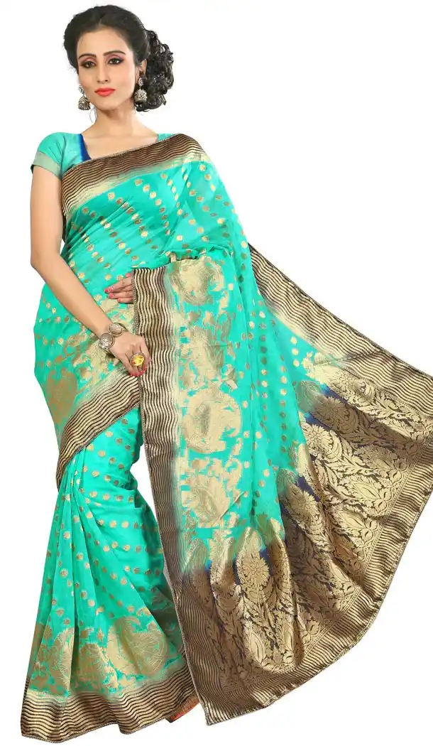 Pure Banarasi Silk Saris in Turquoise Color