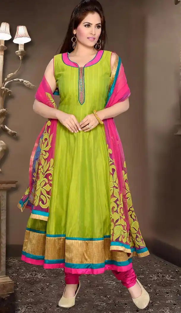 Readymade Suits Online in Parrot Green Color and Art Silk Fabric | FH395164446