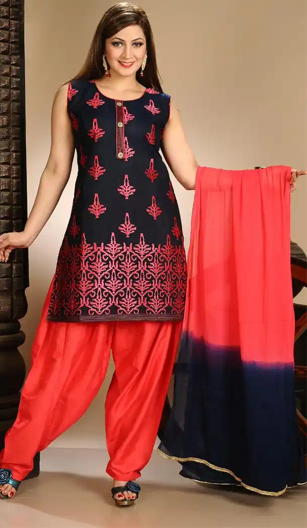 Navy Blue Color Art Silk Fabric Punjabi Stitched Readymade Dresses | FH395564473