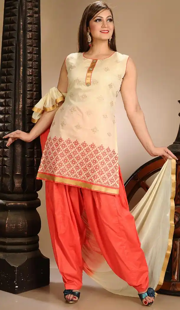 Beige and Red Color Art Silk Fabric Punjabi Stitched Readymade Dresses | FH395564474