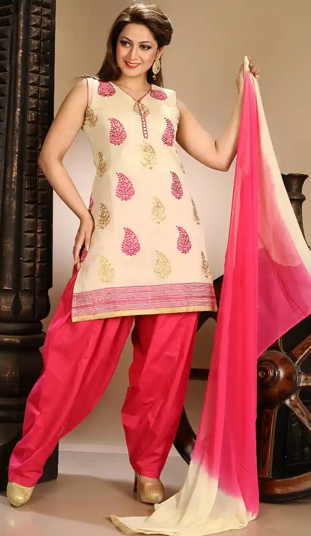 Beige and Pink Color Art Silk Fabric Punjabi Stitched Readymade Dresses | FH395564475