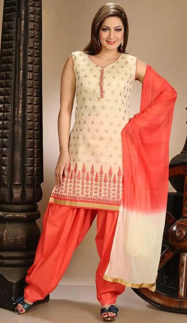 Straight Cut Beige Color Art Silk Fabric Punjabi Stitched Readymade Dresses | FH395564477