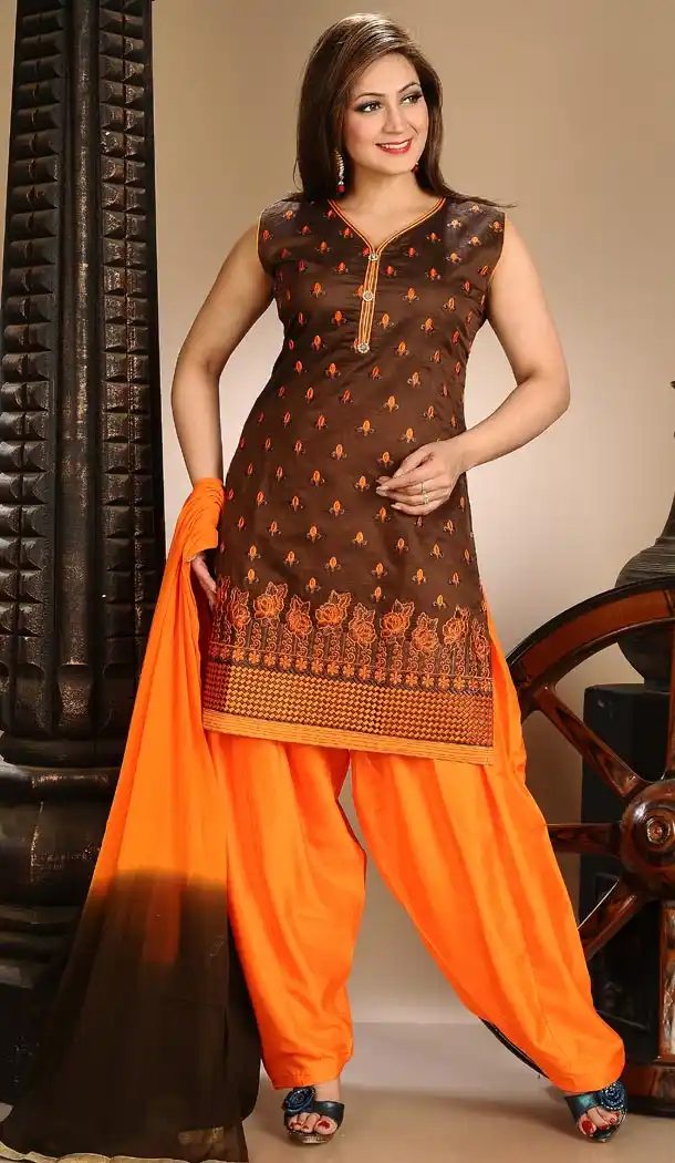 Chocolate Color Art Silk Fabric Punjabi Stitched Readymade Dresses | FH395564478