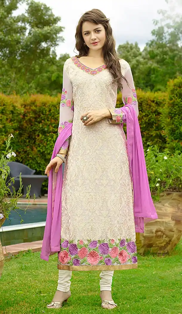 Beautiful Off White Georgette Embroidered Churidar Suit | FH396064527