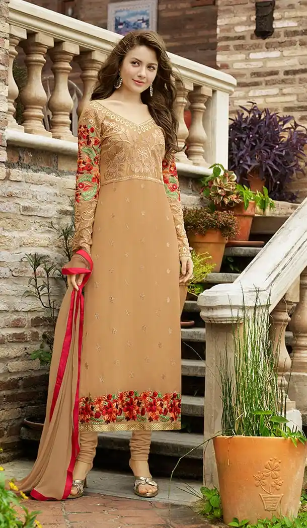 Beautiful Tan Brown Georgette Embroidered Churidar Suit | FH396064529