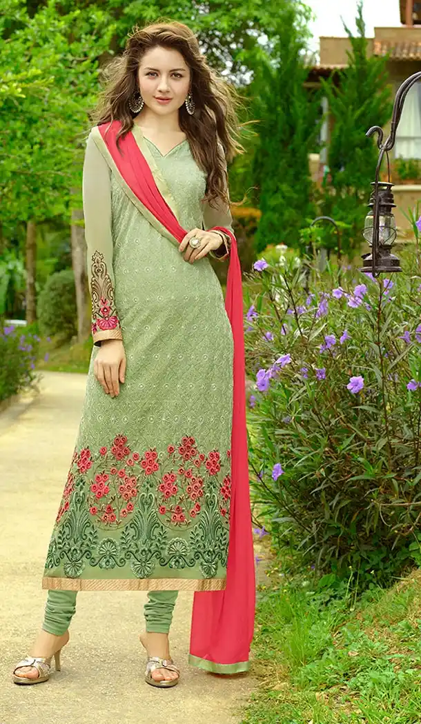 Beautiful Honeydew Georgette Embroidered Churidar Suit | FH396064530