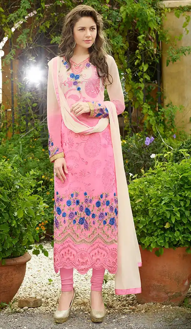 Beautiful Rose Pink Georgette Embroidered Churidar Suit | FH396064531