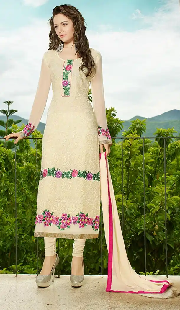 Women Cream Georgette Embroidered Churidar Suit | FH396064535