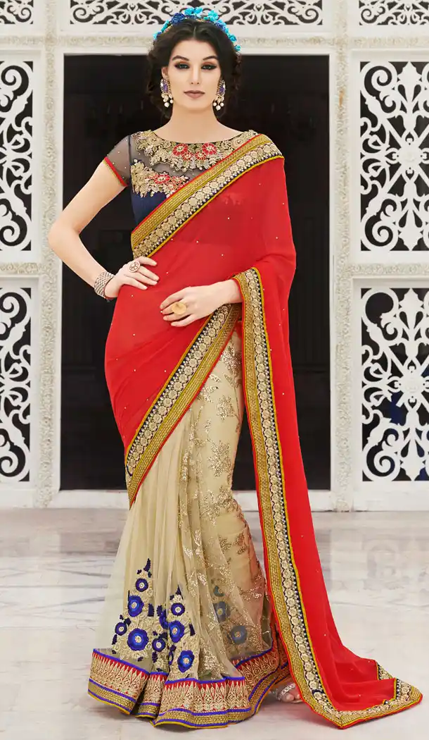Deep Scarlet Color Georgette,Net Designers Party Half Sarees with Stitched Blouse | FH396264552